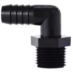 Precision-machined polyethylene adapter featuring a hose barb and male iron pipe connection — 5/16 x 1/4 Hose Barb x Male Iron Pipe Black Polyethylene Elbow