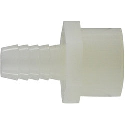 Durable white nylon adapter designed for low-pressure water, air, and chemical transfer, connecting tubing to a FIP thread — 3/4 x 3/4 Hose Barb x Female Iron Pipe White Nylon Adapter