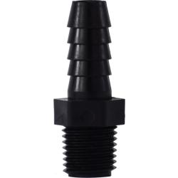 Polypropylene plumbing fitting with 3/4 inch barb and 3/8 inch male iron pipe connection. 3/4 Barb x 3/8 Male Iron Pipe Polypropylene