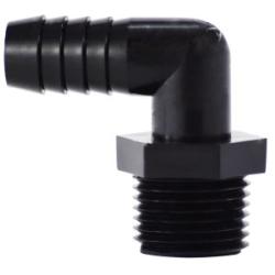 Black polyethylene elbow fitting for hose connections, 5/16 x 3/8 Hose Barb x Male Iron Pipe Black Polyethylene Elbow