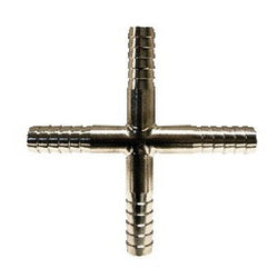 304 stainless steel thin-wall cross fitting with 1/4 inch hose barb connections on all ends – Cross 1/4 Barb- All Thinwall 304 Stainless Steel