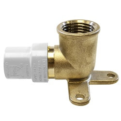 A white CPVC drop ear elbow with a brass interior and a metal screw fitting for piping connections - Lead-Free 1/2 Drop Ear Elbow Chlorinated Polyvinyl Chloride Brass