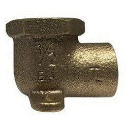 A brass 90-degree elbow plumbing fitting with a sweat and FIP connection, showing the product's ear with mounting lugs - 3/4 Sweat X 1/2 Female Iron Pipe Lead-Free Brass Drop Ear 90
