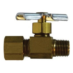 Heavy pattern brass body needle valve, compression connection to male NPT pipe thread - 1/4 x 1/8 Compression x Male Heavy Pattern Needle Valve
