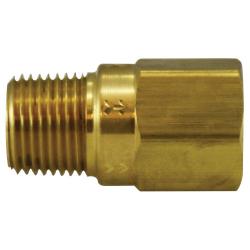 A domestic brass body check valve, with amale NPT pipe thread on one end and a female NPT pipe thread on the other - 1/8 Male x Female 500 Pounds per Square Inch Check with Viton
