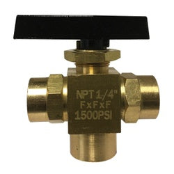 Brass body miniature 3-port/way ball valve with three female iron pipe thread connections - 1/4 Female x 1/4 Female x 1/4 F 3 Way Ball Valve 2500 Pounds per Square Inch