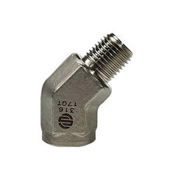 Stainless steel 45-degree threaded pipe fitting for directional flow changes in fluid systems – 316 1/4 Male National Pipe Thread x 1/4 Female National Pipe Thread 45°