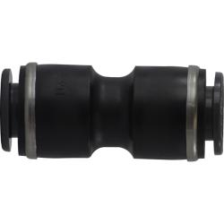 A black Push-In Composite reducing union fitting typically used in pneumatic systems. - 1/2 x 3/8 Plastic PP DOT Reducing Union
