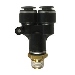 A black male branch Y fitting with a male pipe thread on one end and a push-fit connection on the other two ends - 1/4 Male Pipe Thread X 1/4 Tube DOT Composite Y