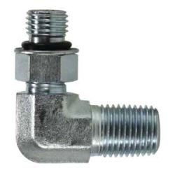 Right-angle elbow fitting, 9/16-18 O-ring boss male 3/4-16 x 3/8 Male O-Ring Boss x Male National Pipe Thread 90 Elbow Steel Adapter