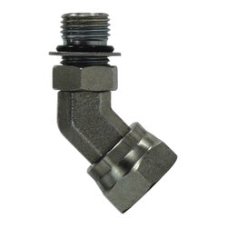 A steel 45-degree swivel elbow hydraulic fitting with male O-ring and female National Pipe Straight thread connections - 7/8-14 x 3/4 Male O-Ring x Female National Pipe Straight Mechanical 45° Swivel Elbow