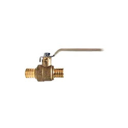A bronze-colored full-port ball valve with PEX x PEX connections and a lever handle for turning the valve on and off. - Lead-Free 3/4 Pex x 3/4 Pex Rb Full Port Ball Valve with Tee Handle