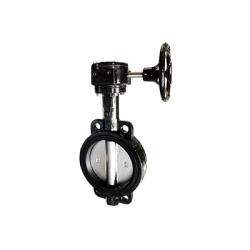 A black ductile iron butterfly valve with a gear handle, wafer/disc design, and Buna-N seat - 10 Ductile Iron Butterfly Valve Wafer/Gear Duct Disc/Buna-N