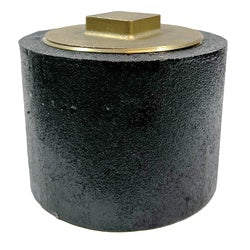 Iron raised head cleanout plug - 4 x 3 Iron Body Cleanout w/Raised Head Brass Plug
