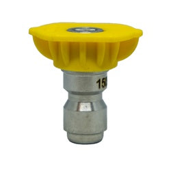A yellow quick disconnect spray nozzle with a stainless steel body, designed for use with pressure washers - 3.0 Yellow Tip 15-Degree Quick Disconnect Spray Nozzle