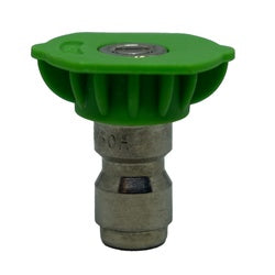 A green quick disconnect spray nozzle with a stainless steel body, designed for use with pressure washers - 4.0 Green Tip 15-Degree Quick Disconnect Spray Nozzle
