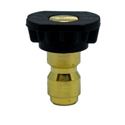 A black quick disconnect spray nozzle with a brass body, designed for use with pressure washers - Black Tip 65-Degree Quick Disconnect Detergent Nozzle