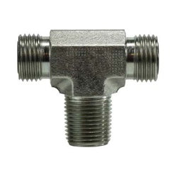 Metal hydraulic branch tee adapter with male O-ring face seal ends and male national pipe thread branch connection - 1-7/16-12 x 1 Male O-Ring Face Seal x Male O-Ring Face Seal x Male National Pipe Thread Branch Tee
