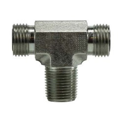Durable male O-ring face seal branch tee with male pipe thread for secure hydraulic connections – 9/16-18 x 1/4 Male O-Ring Face Seal x Male O-Ring Face Seal x Male National Pipe Thread Branch Tee
