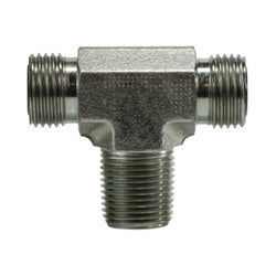 Durable male O-ring face seal branch tee with male pipe thread for secure hydraulic connections –11/16-16 x 3/8 Male O-Ring Face Seal x Male O-Ring Face Seal x Male National Pipe Thread Branch Tee