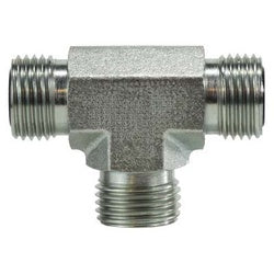 Hydraulic union tee fitting with male O-ring face seal connections for fluid line systems - -20 Male O-Ring Face Seal Union Tee