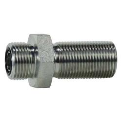 Industrial hydraulic bulkhead union adapter designed with male O-ring face seal ends for machinery fluid lines - 1-14 Male O-Ring Face Seal Bulkhead Union Connector