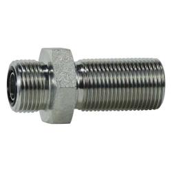Industrial hydraulic bulkhead union adapter designed with male O-ring face seal ends for machinery fluid lines - 1-11/16-12 Male O-Ring Face Seal Bulkhead Union Connector
