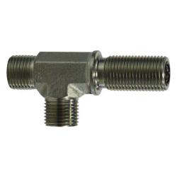 Precision hydraulic bulkhead union run tee fitting with male O-ring face seal ends for high pressure fluid lines - 1-14 Male O-Ring Face Seal Bulkhead Union Run Tee