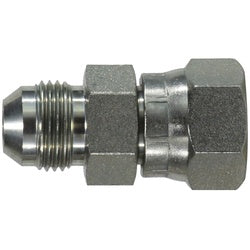 A metal hydraulic connector with male JIC and female ORFS thread connections. - 1-5/8-12 x 1-11/16-12 Male Joint Industry Council x Female O-Ring Face Seal Swivel Straight Adapter