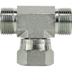 Steel hydraulic swivel branch tee adapter with male and female O-ring face seal ports for industrial fluid lines - -10 Male O-Ring Face Seal x 10 Male O-Ring Face Seal x 10 Female O-Ring Face Seal Swivel Branch Tee
