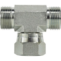 Steel hydraulic swivel branch tee adapter with male and female O-ring face seal ports for industrial fluid lines - -16 Male O-Ring Face Seal x -16 Male O-Ring Face Seal x -16 Female O-Ring Face Seal Swivel Branch Tee