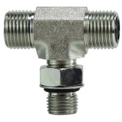 Hydraulic branch tee fitting with 16 male O-ring face seal run connections and 16 male O-ring boss branch connection for fluid line systems - 16 Male O-Ring Face Seal x 16 Male O-Ring Face Seal x 16 Male Adjustable O-Ring Boss Branch Tee