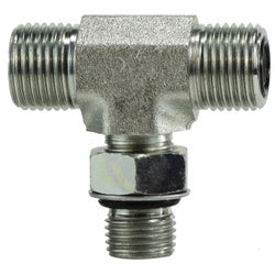 Hydraulic branch tee fitting with 20 male O-ring face seal run connections and 20 male O-ring boss branch connection for fluid line systems - 20 Male O-Ring Face Seal x 20 Male O-Ring Face Seal x 20 Male Adjustable O-Ring Boss Branch Tee