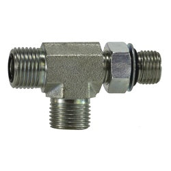 Hydraulic run tee fitting with male joint industry council connection and male O-ring face seal port for fluid line systems - 1-7/16-12 x 1-5/16-12 Male Joint Industry Council x Male O-Ring Face Seal Run Tee