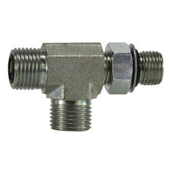 Hydraulic run tee fitting with male O-ring face seal and male O-ring boss connections for fluid line systems - 1-11/16-12 x 1-5/8-12 Male O-Ring Face Seal x Male O-Ring Boss Run Tee