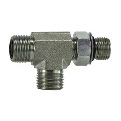 Hydraulic plumbing tee adapter with male O-ring face seal and male O-ring boss threads for equipment fluid lines - 9/16-18 x 7/16-20 Male O-Ring Face Seal x Male O-Ring Boss Run Tee