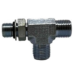 Steel plumbing fitting - 11/16-16 x 9/16-18 Male O-Ring Face Seal x Male O-Ring Run Tee