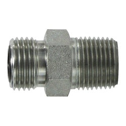 Precision hydraulic adapter connector with male O-ring face seal and male national pipe thread ends for high pressure fluid lines - 1-3/16-12 x 1/2 Male O-Ring Face Seal x Male National Pipe Thread Adapter
