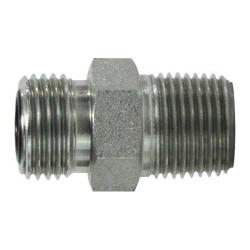 A straight connector with male ORFS and male NPT threads, made of silver steel. - 1-1/16-12 X 3/4 Male O-Ring Face Seal x Male National Pipe Thread Straight Connector