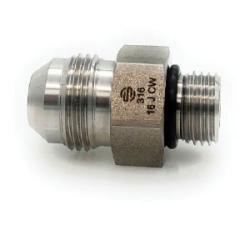 A stainless steel male adapter with 37 degree JIC male flare on one end and a Male ORB thread on the other - 316 -20 Male Joint Industry Council x -20 Male O-Ring Boss