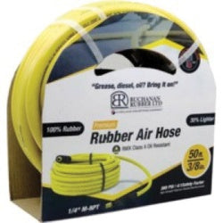 Yellow professional rubber air hose, a high-visibility, kink-resistant hose is designed for heavy-duty industrial and construction sites - 3/8" Hose x 1/4" Male National Pipe Thread 25' Yellow
