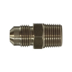 Nickel-plated 3/8 x 1/4 male flare to male iron pipe adapter.