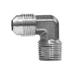 Metal elbow 3/8 flared x 1/4 male iron pipe, nickel plated.
