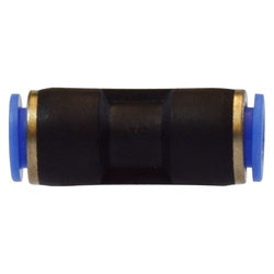 A black Push-In Union Connector with blue accents on the connectors ends. - 1/4 x 1/8 Plastic Polypropylene Reducing Union