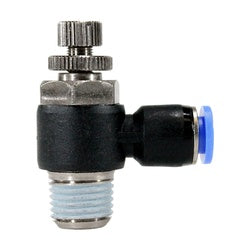 A black male iron pipe angle valve meter with a push-in connection and a male BSPT thread. - 4mm x 1/8 Composite Flow Control Valve-Out