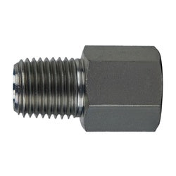 A silver-colored steel adapter, designed for seamless integration - 2 Male National Pipe Thread x 2 Female British Standard Pipe Parallel