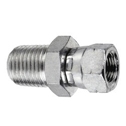 Male NPTF to female BSPP swivel thread steel adapter fitting - 3/8 Male National Pipe Thread x 1/4 Female British Standard Pipe Parallel Swivel