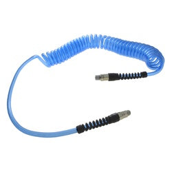 Coiled blue cable with connectors 3/8 x 9/16 x 10' 8' Working Pressure 3/8 Male Pipe Thread Blue