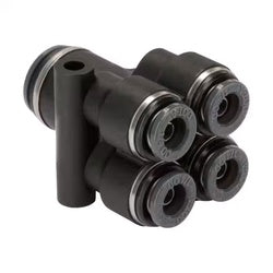 One push-to-connect port and two push-to-connect ports composite union double wye fitting - 3/8 Tube x Quad 1/4 Tube DOT Composite Y