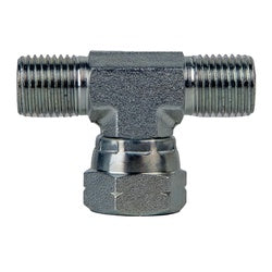 Three-way pipe tee with dual male threads and one female thread 3/4 Male British Standard Pipe Parallel x 3/4 Male British Standard Pipe Parallel x 3/4 Female British Standard Pipe Parallel Swivel